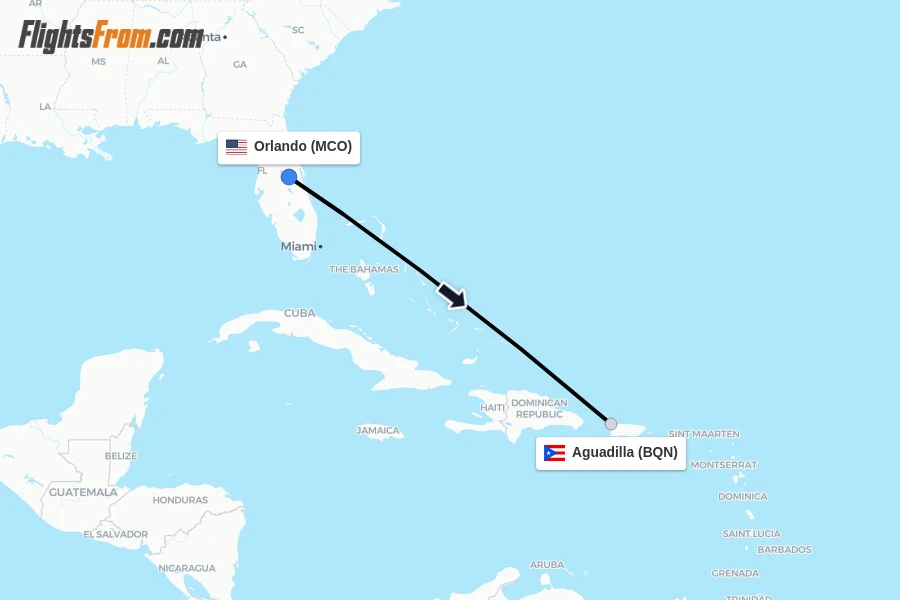 Flights from Orlando to Aguadilla route map