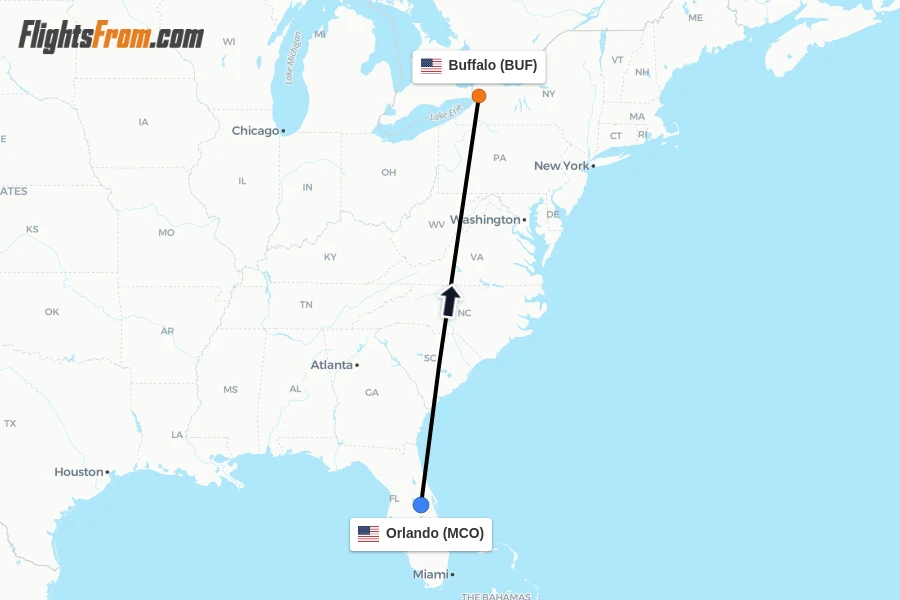 Flights from Orlando to Buffalo route map