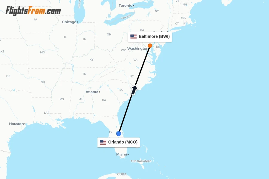 Flights from Orlando to Baltimore route map