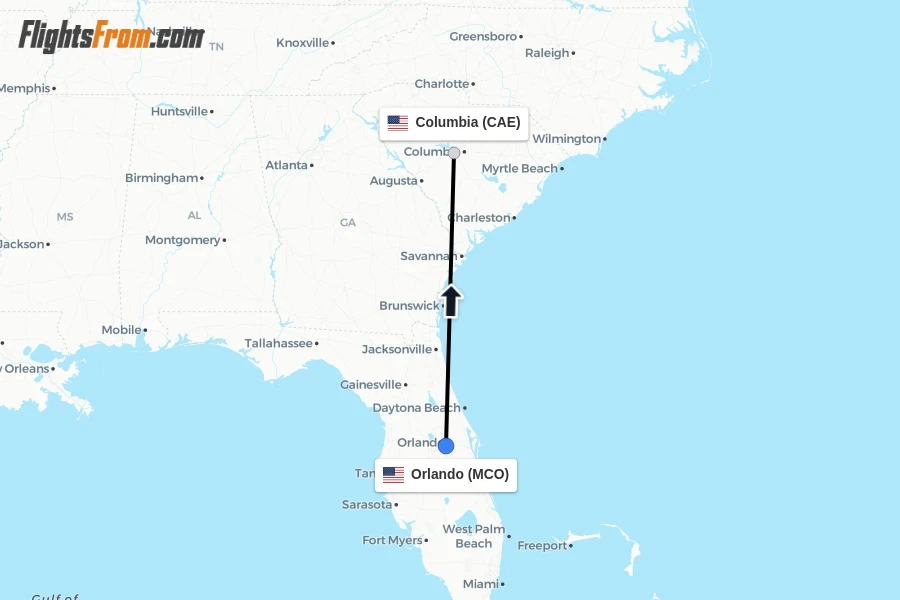Flights from Orlando to Columbia route map