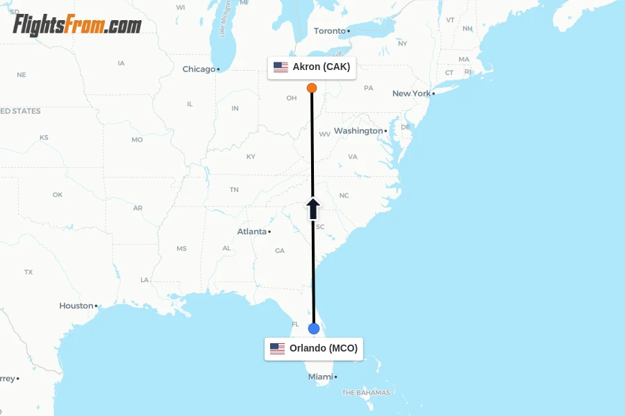 Flights from Orlando to Akron route map