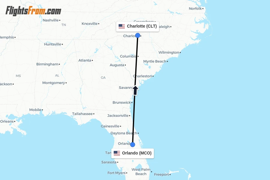 Flights from Orlando to Charlotte route map
