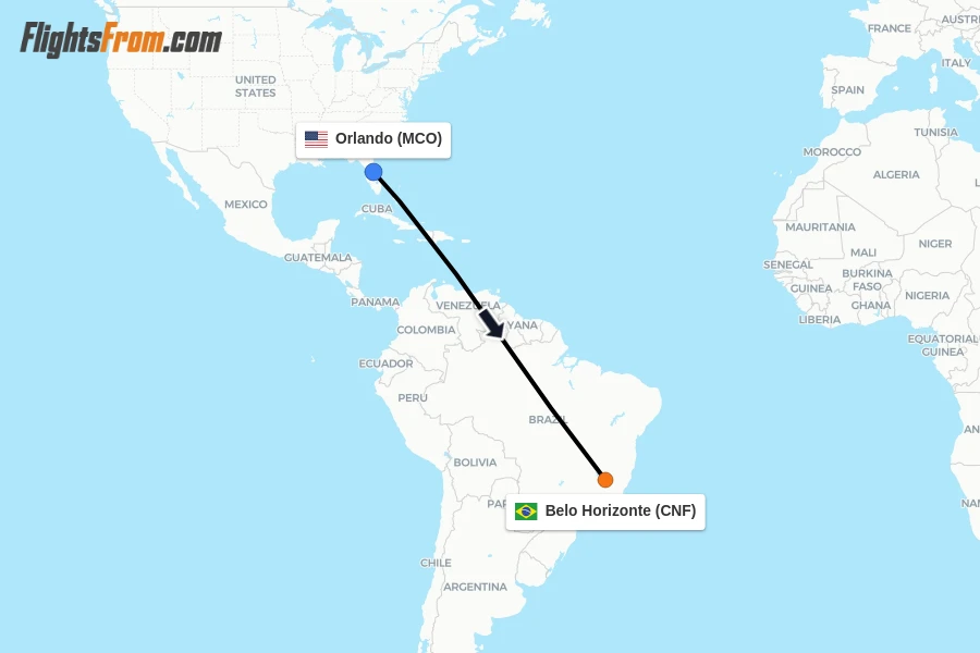 Flights from Orlando to Belo Horizonte route map