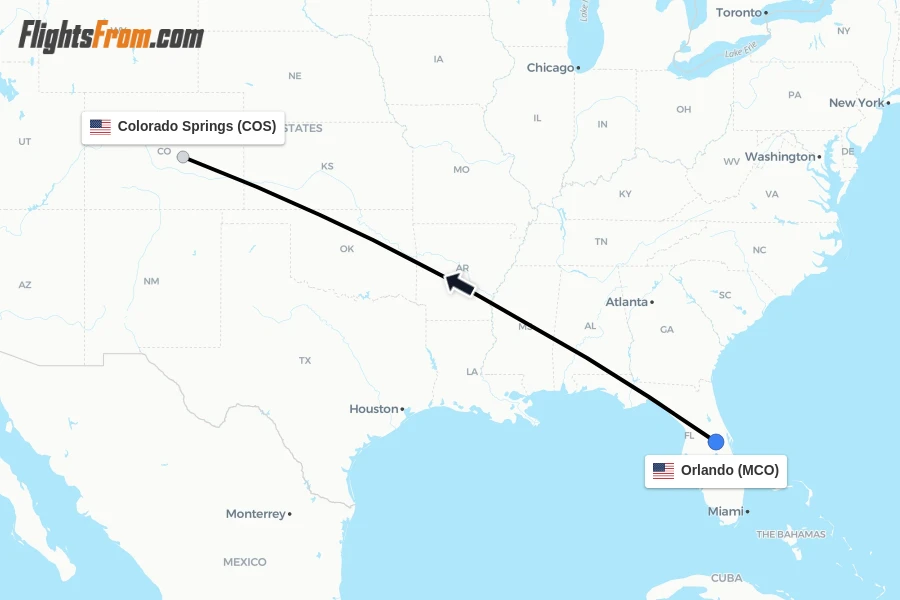Flights from Orlando to Colorado Springs route map