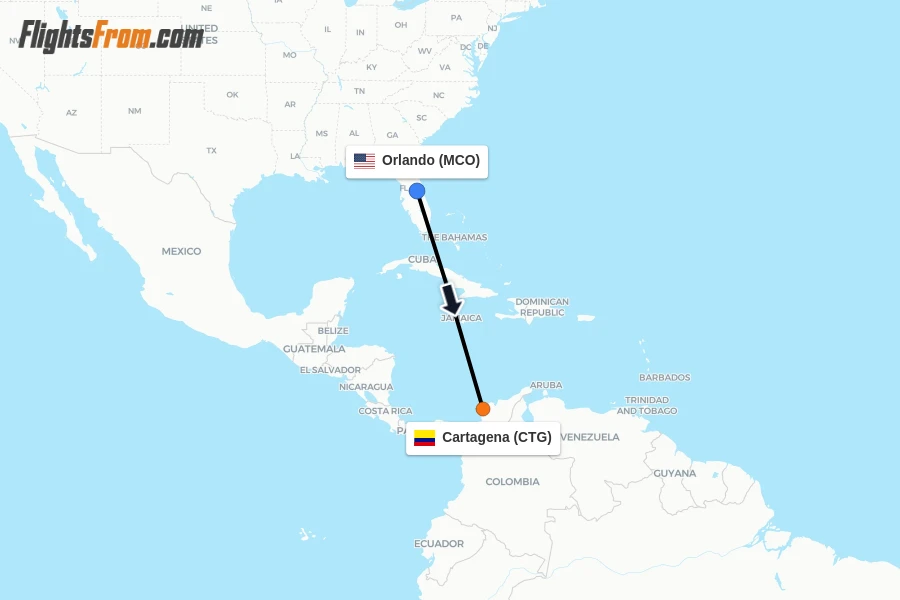Flights from Orlando to Cartagena route map