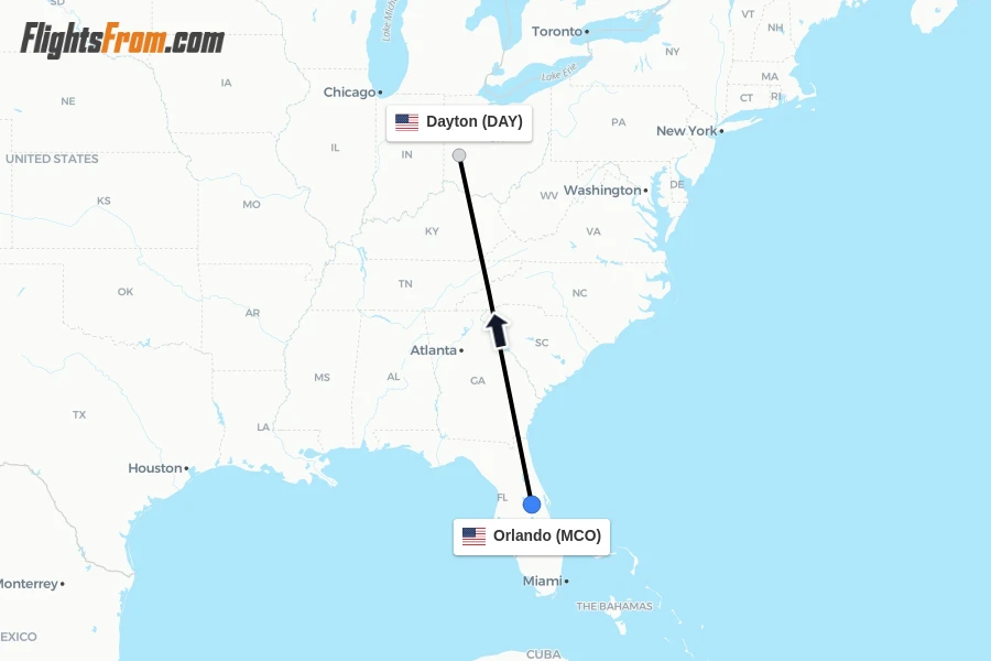 Flights from Orlando to Dayton route map