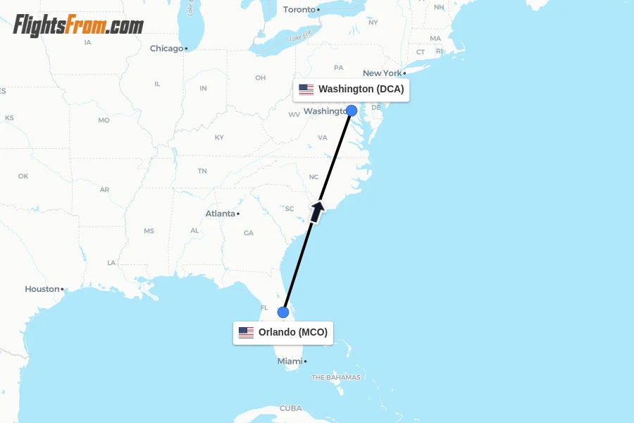 Flights from Orlando to Washington route map