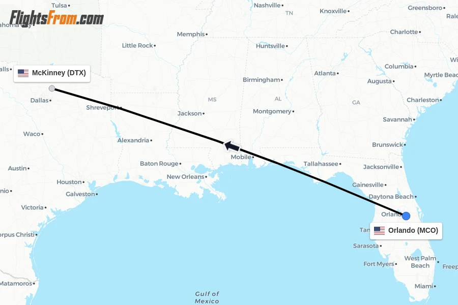 Flights from Orlando to McKinney route map