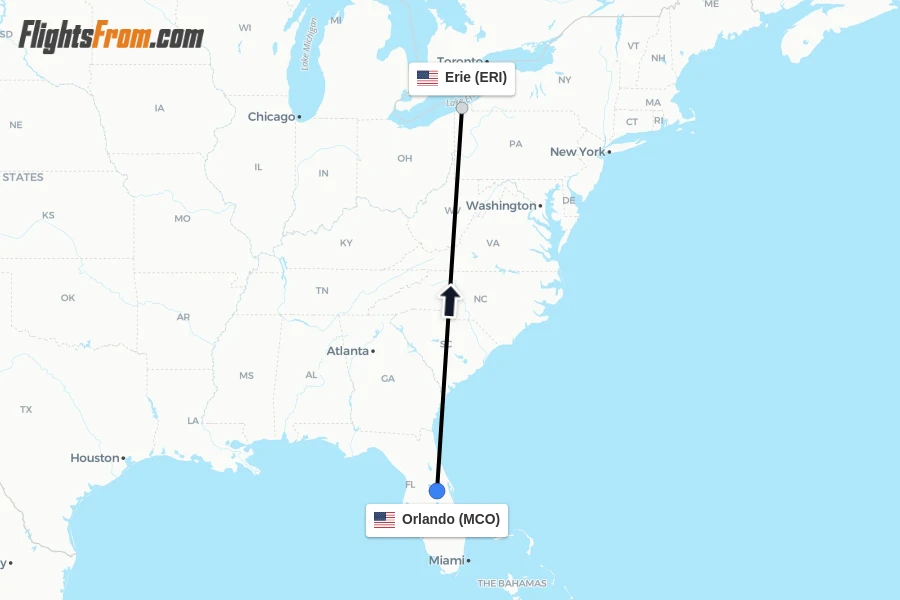 Flights from Orlando to Erie route map