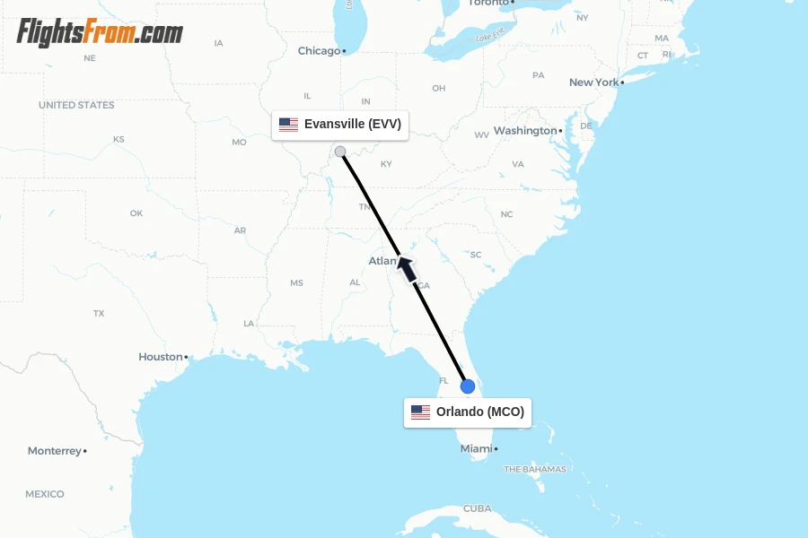 Flights from Orlando to Evansville route map