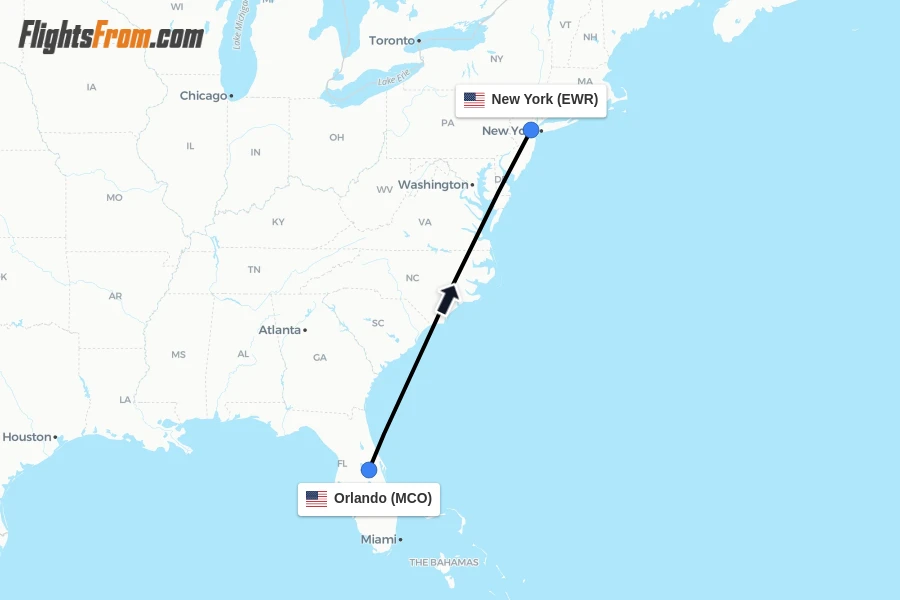 Flights from Orlando to New York route map