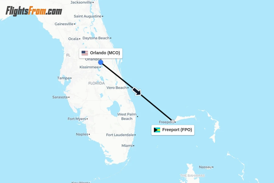 Flights from Orlando to Freeport route map
