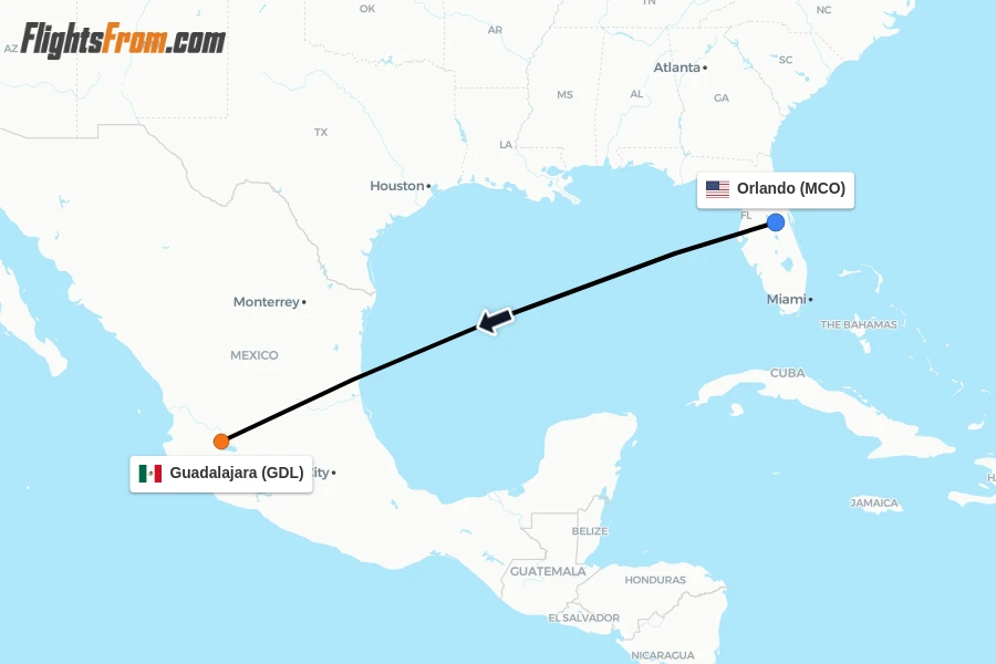 Flights from Orlando to Guadalajara route map