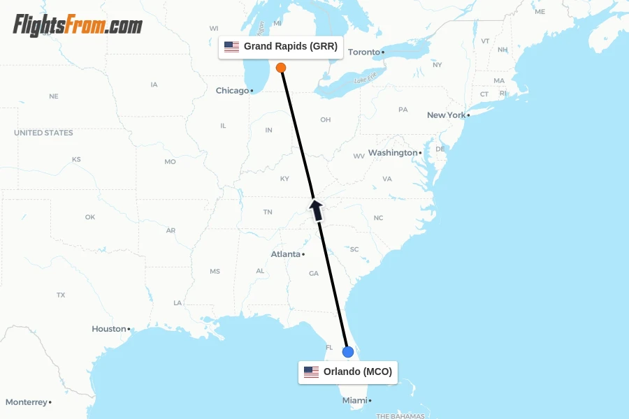 Flights from Orlando to Grand Rapids route map
