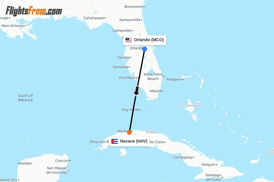Flights from Orlando to Havana route map