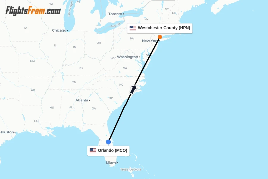 Flights from Orlando to Westchester County route map