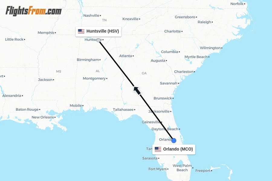 Flights from Orlando to Huntsville route map