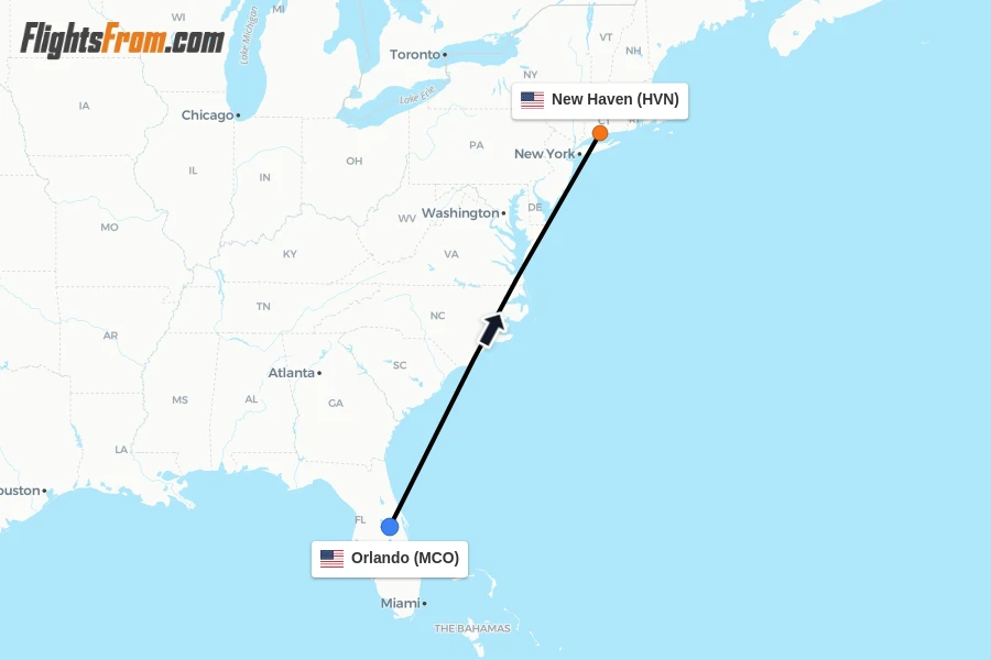 Flights from Orlando to New Haven route map