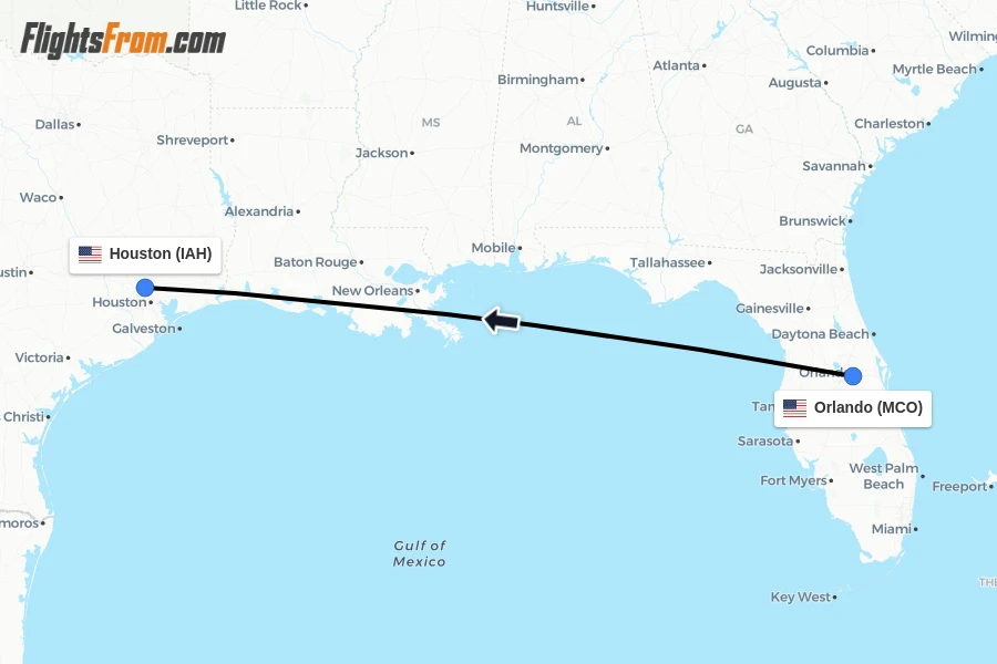 Flights from Orlando to Houston route map