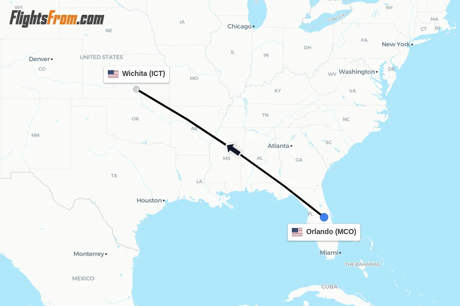 Flights from Orlando to Wichita route map