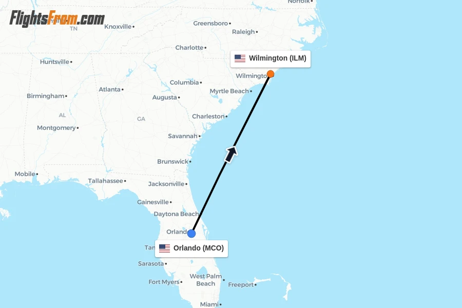Flights from Orlando to Wilmington route map