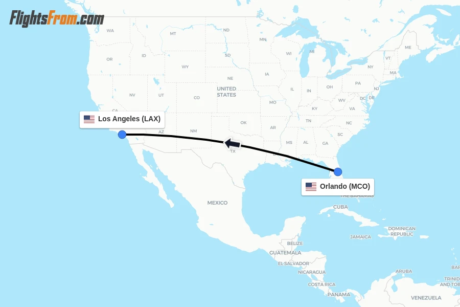 Flights from Orlando to Los Angeles route map