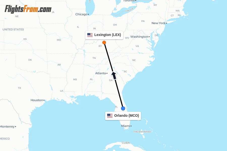 Flights from Orlando to Lexington route map