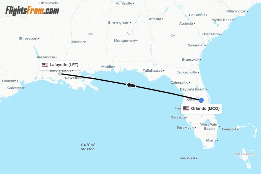 Flights from Orlando to Lafayette route map