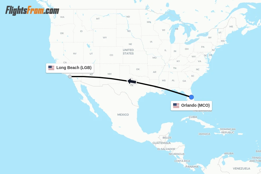 Flights from Orlando to Long Beach route map
