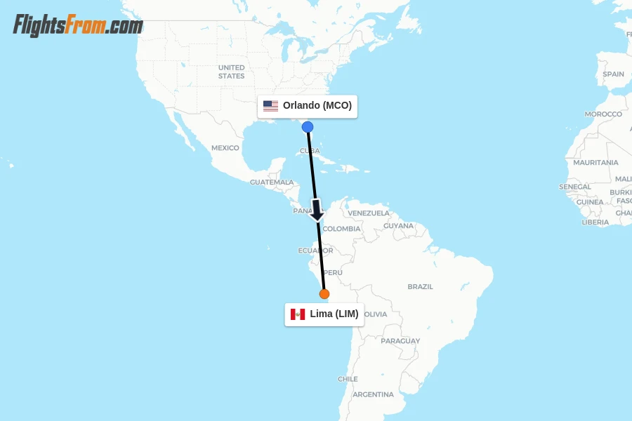 Flights from Orlando to Lima route map