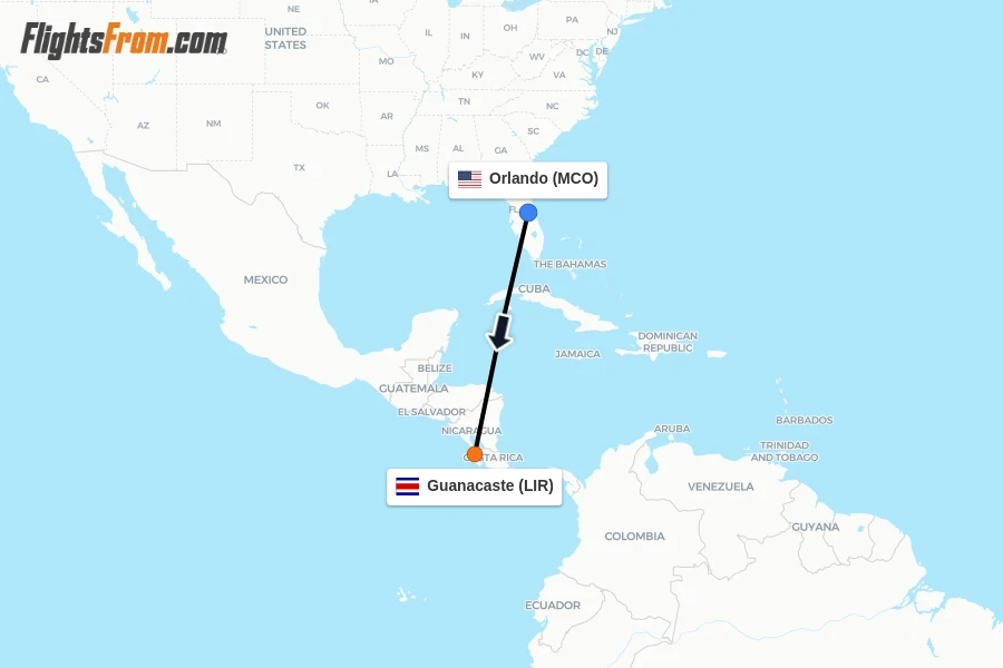 Flights from Orlando to Guanacaste route map