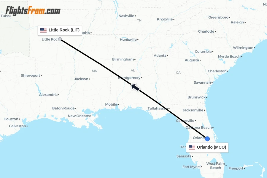 Flights from Orlando to Little Rock route map