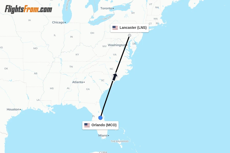 Flights from Orlando to Lancaster route map