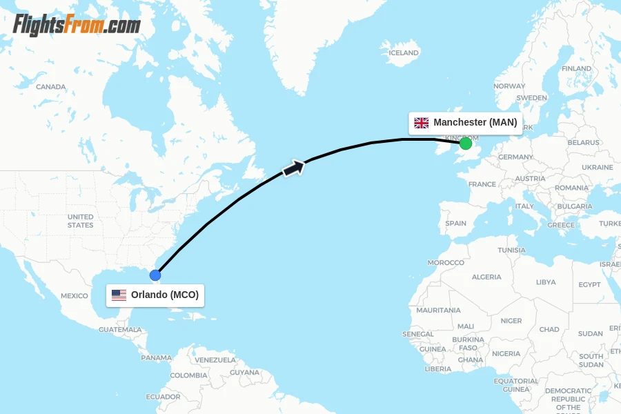 Flights from Orlando to Manchester route map