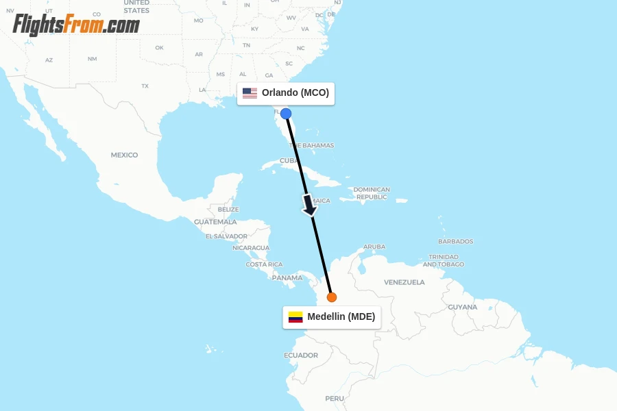 Flights from Orlando to Medellin route map