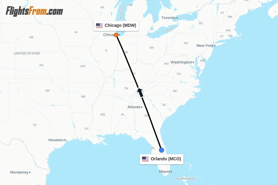 Flights from Orlando to Chicago route map