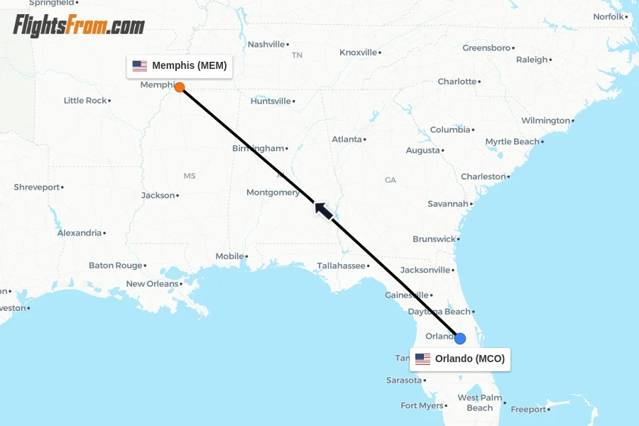 Flights from Orlando to Memphis route map