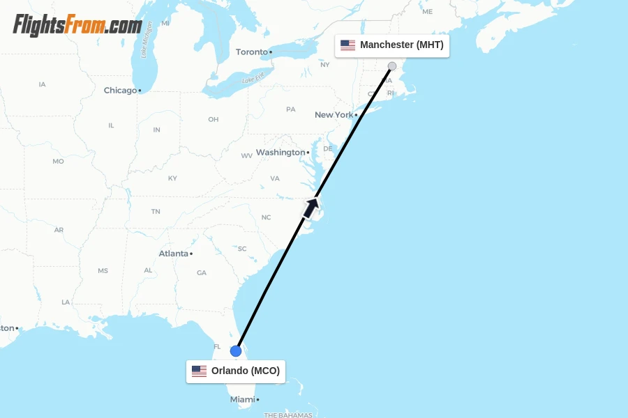 Flights from Orlando to Manchester route map