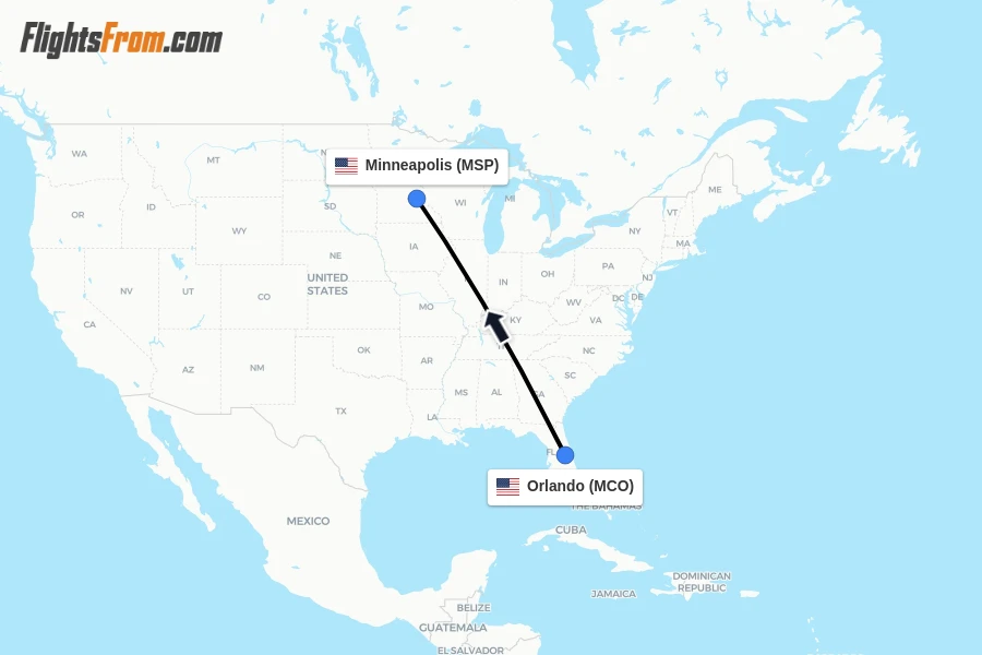 Flights from Orlando to Minneapolis route map