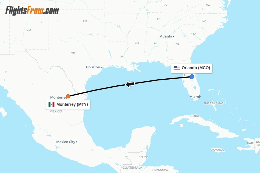 Flights from Orlando to Monterrey route map