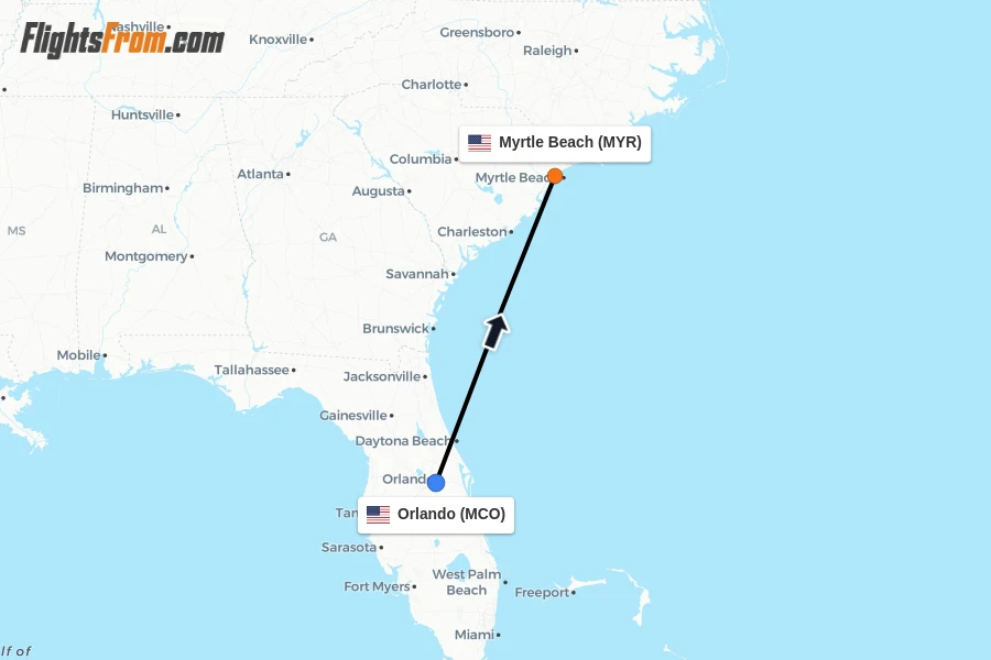 Flights from Orlando to Myrtle Beach route map