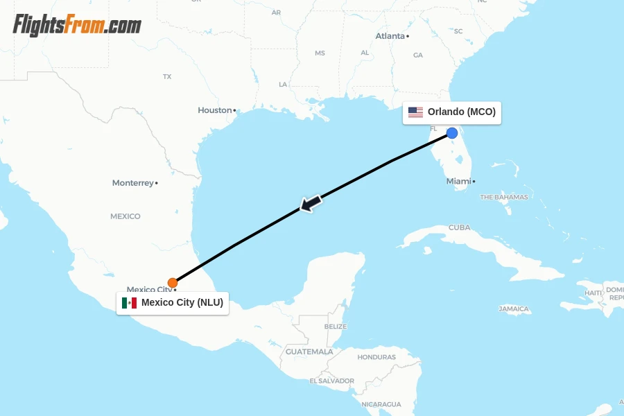 Flights from Orlando to Mexico City route map