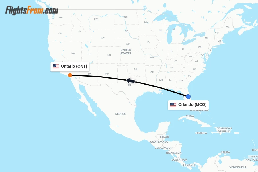 Flights from Orlando to Ontario route map