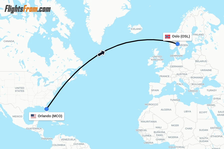 Flights from Orlando to Oslo route map