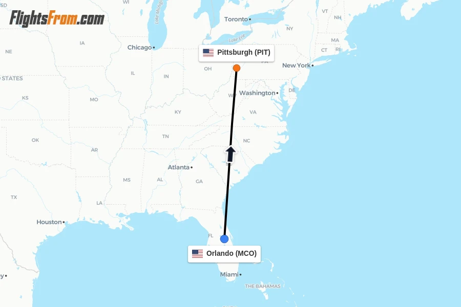Flights from Orlando to Pittsburgh route map