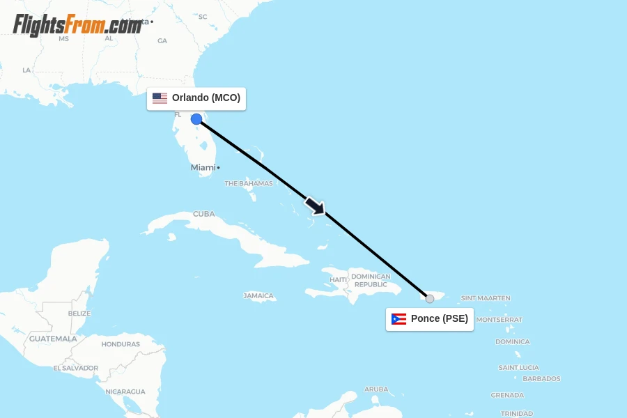 Flights from Orlando to Ponce route map