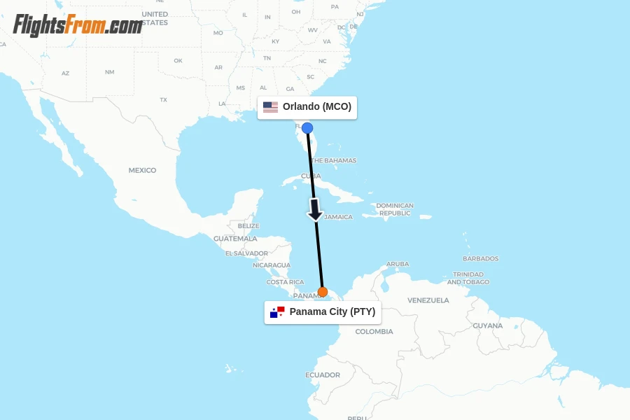 Flights from Orlando to Panama City route map