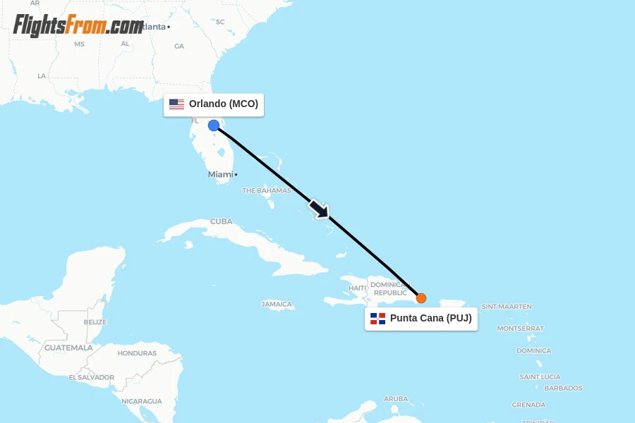 Flights from Orlando to Punta Cana route map