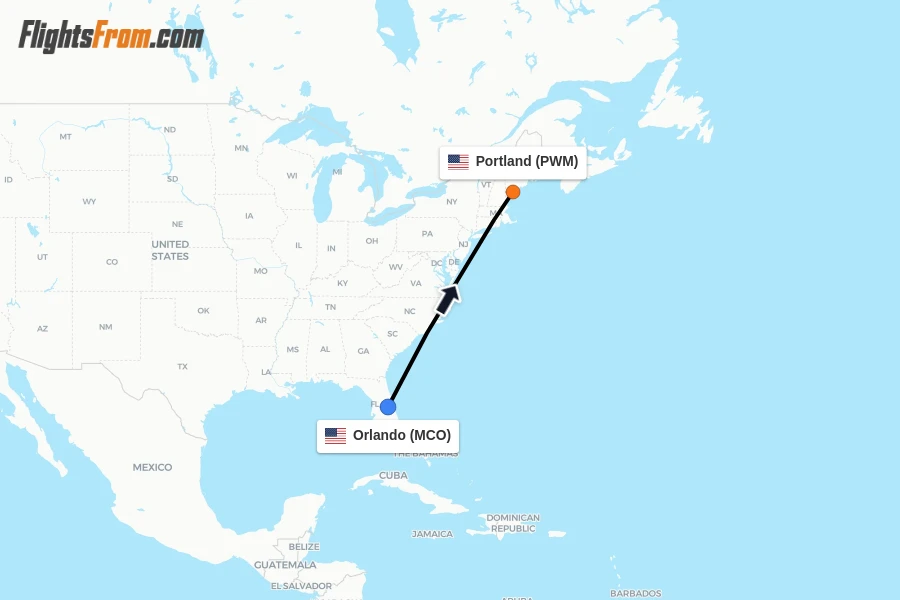Flights from Orlando to Portland route map