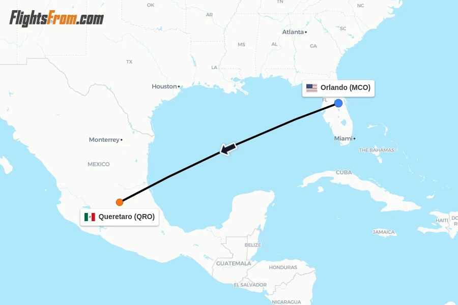 Flights from Orlando to Queretaro route map